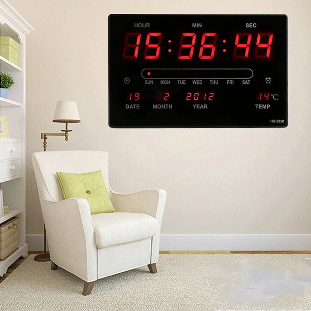 Home Office LED Clock With Indoor Temperature Reader Date Calendar Day Kitchen Livingroom Wall Mounted Large Screen Wall Clock