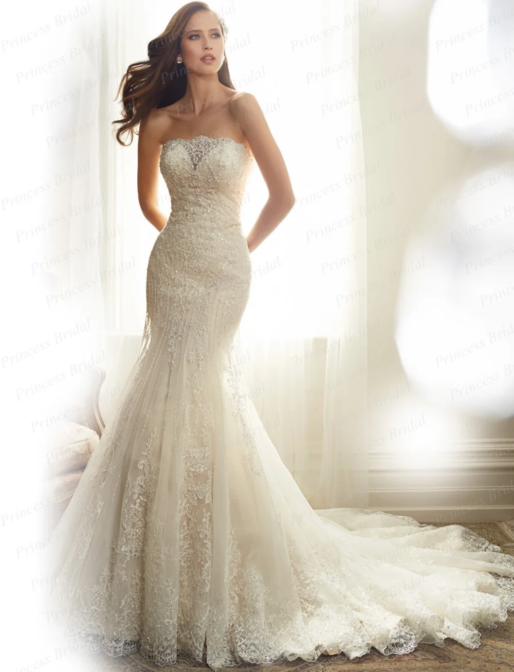 Free Shipping 2015 Noble Custom Made Trumpet Strapless Appliques Beaded Corset Back Sweep Train Luxury font