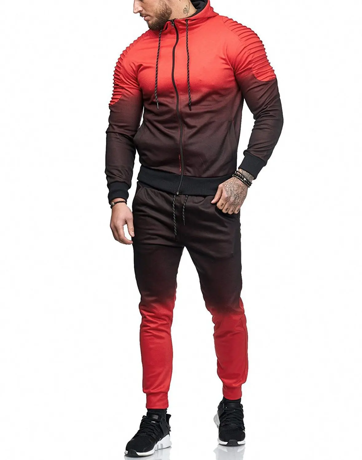 2018 Новый Для мужчин осень толстовки спортивный костюм мужской молния градиент Цвет плиссированные Толстовка Sweatsuits Street куртки комплекты M-3XL
