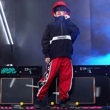 Детские костюмы для джазовых танцев, черная куртка, красные брюки, комплект в стиле хип-хоп, Детская уличная одежда для девочек и мальчиков, сценическая одежда DN2538