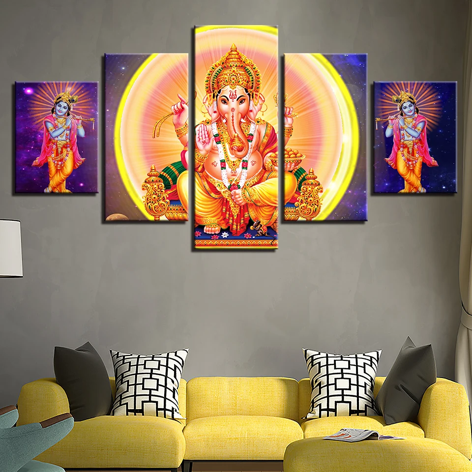 

Modern Printing Modular Canvas Pictures Art 5 Pieces Elephant Trunk God Ganesha Frame Paintings Decoration For Living Room Wall