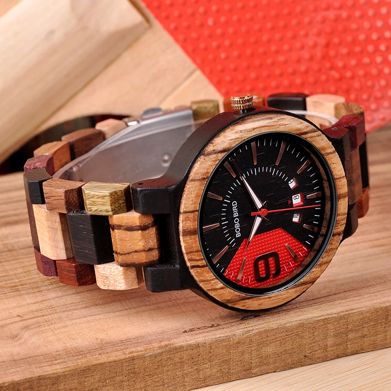 BOBO BIRD Q13 Date Display Business Watch for Mens Mixed Wooden Quartz Wristwatch in Wood Gift Box relojes hombre 2018