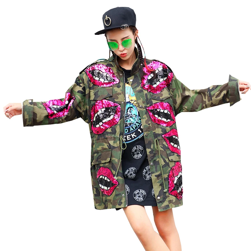 2018 Lips Sequins Beading Spring Jacket Coat Women Army Green Camouflage Women Bomber Jacket Casaco Feminino Women Basic Coats 2018 Lips Sequins Beading Spring Jacket Coat Women Army Green Camouflage Women Bomber Jacket Casaco Feminino Women Basic Coats
