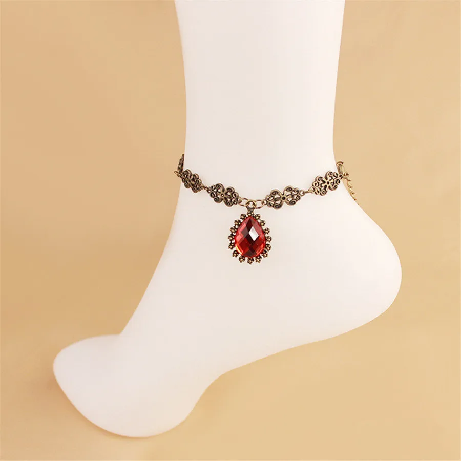 SEA MEW Gothic Retro Red Crystal Pendant Water Soluble Lace Anklets For Women Chain Anklet