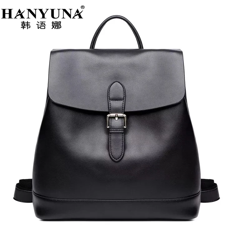 

HANYUNA BRAND New Type Vitage Oil Wax Cow Leather Women Double Belt Backpack Genuine Leather Preppy Style Girls Backpack