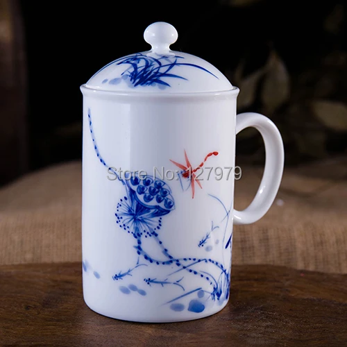 

Jingdezhen pure hand-painted eggshell cup blue and white porcelain teacup ceramic cups The dragonfly and lotus On sale~