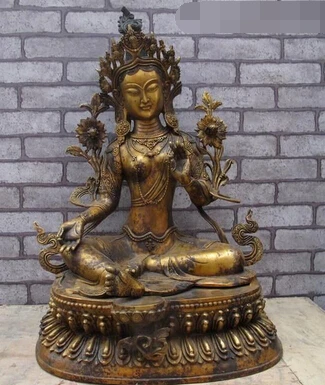 

JP S1124 17"Tibetan Buddhist Fane Bronze Green Tara Kwan-yin Bodhisattva Goddess Statue