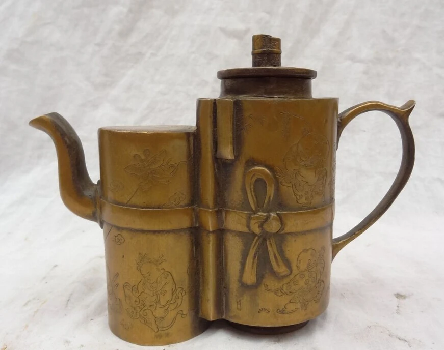 

song voge gem S4854 Chinese Buddhism Bronze Collect Man Kid Child Statue HanZi Teapot Wine Pot