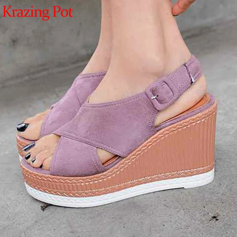 

Krazing Pot flock gladiator buckle straps handmade straw sole waterproof wedges charming open toe super high heels sandals l6f8