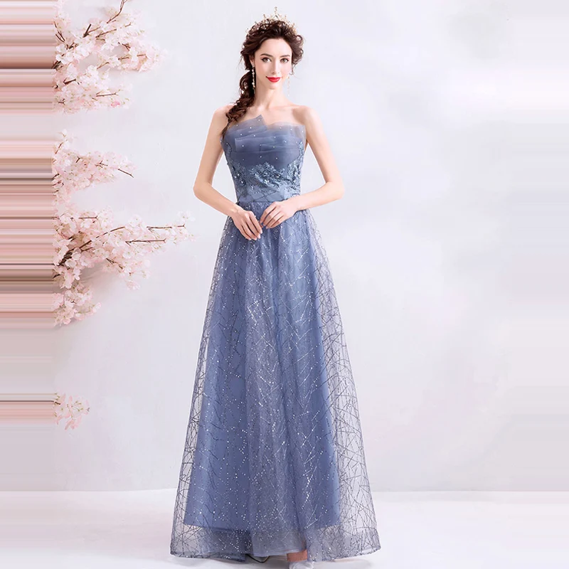 

It's YiiYa Prom Gowns Blue Strapless Sleeveless A-Line Floor Length Court Train Beading Custom Plus Size Prom Dresses 2019 E238