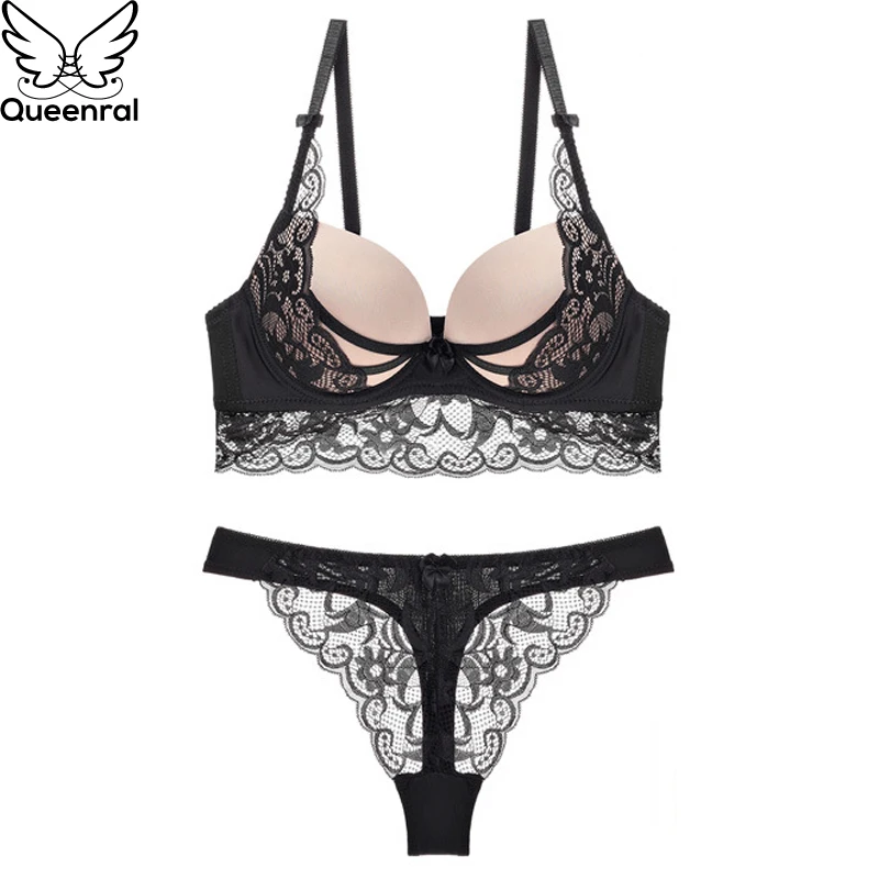 

Queenral Thong Bra Set For Women Lingerie Set Sexy Lace Push Up Bra And Tanga Suit Embroidery Flora Female Intimates Underwire