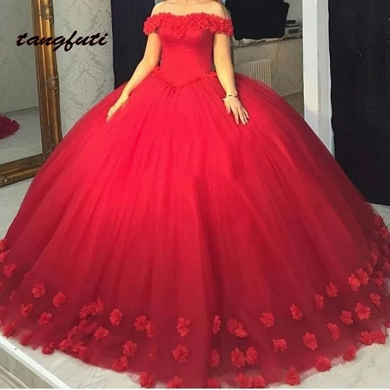 Красное Бальное бальное платье бальные платья Длинные цветы ручной работы с открытыми плечами корт поезд тюль выпускного вечера сладкий 16 платье, сделанное на заказ