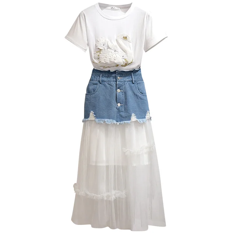 

Women Embroidery 3D Swan Floral Appliques Cotton T-shirt Top + Denim Mesh Patchwork Long Skirts Set Summer Mid Calf Clothes Suit