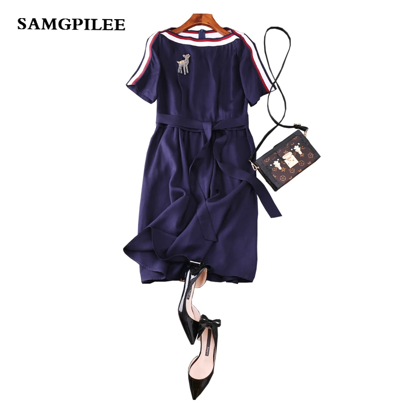 

Beach Dress Promotion Vadim 2019 New A-line Striped Short Sleeve Sashes Knee-length Fashion Natural O-neck Women Dresses L-4xl