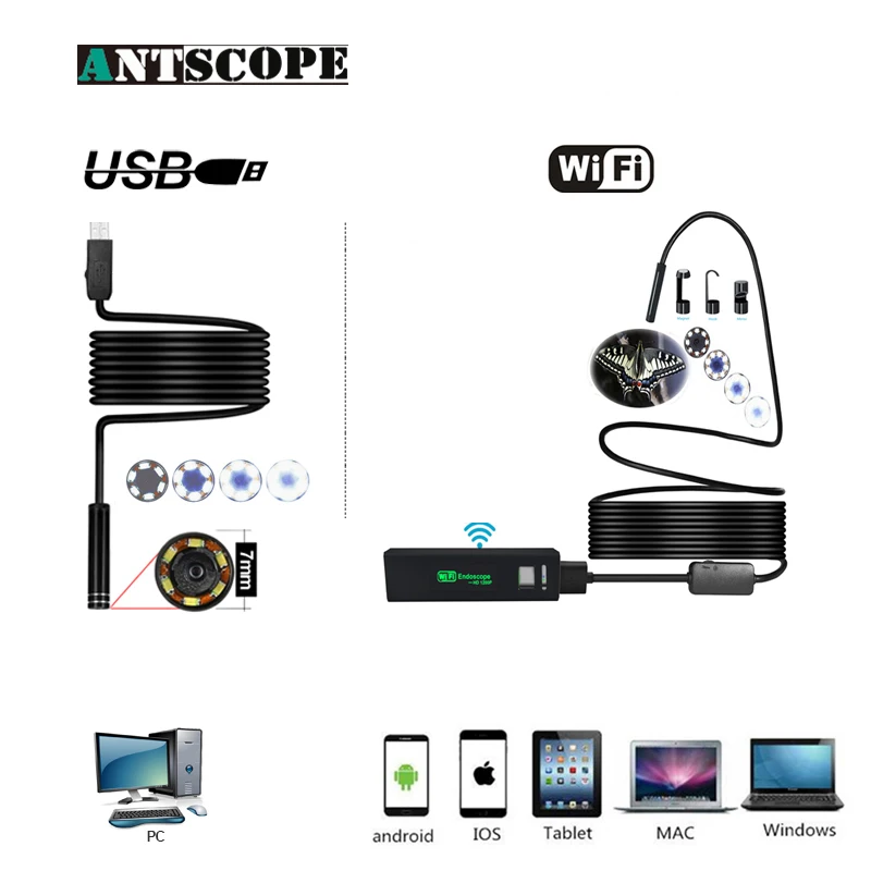 

Antscope Wifi 8mm Endoscope 2/3.5/5/10M Hardwire Waterproof 1200P Android iOS 7mm Softwire USB Camera Inspection boroscopio 19