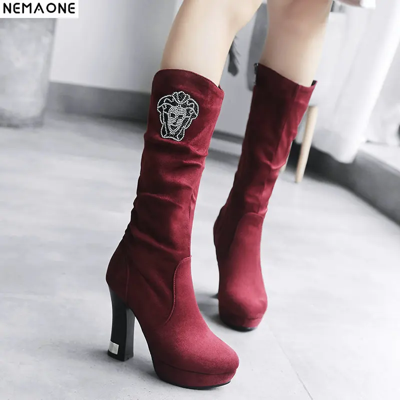 

New thick high Heels mid-calf boots woman rouned toe ladies Boots party dress shoes woman black large Size 43