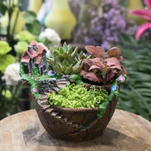 Fairy Garden Miniature Broken Pot Flower Pot Villa House on the Cliff Sky Castle Sculpture Planter Red