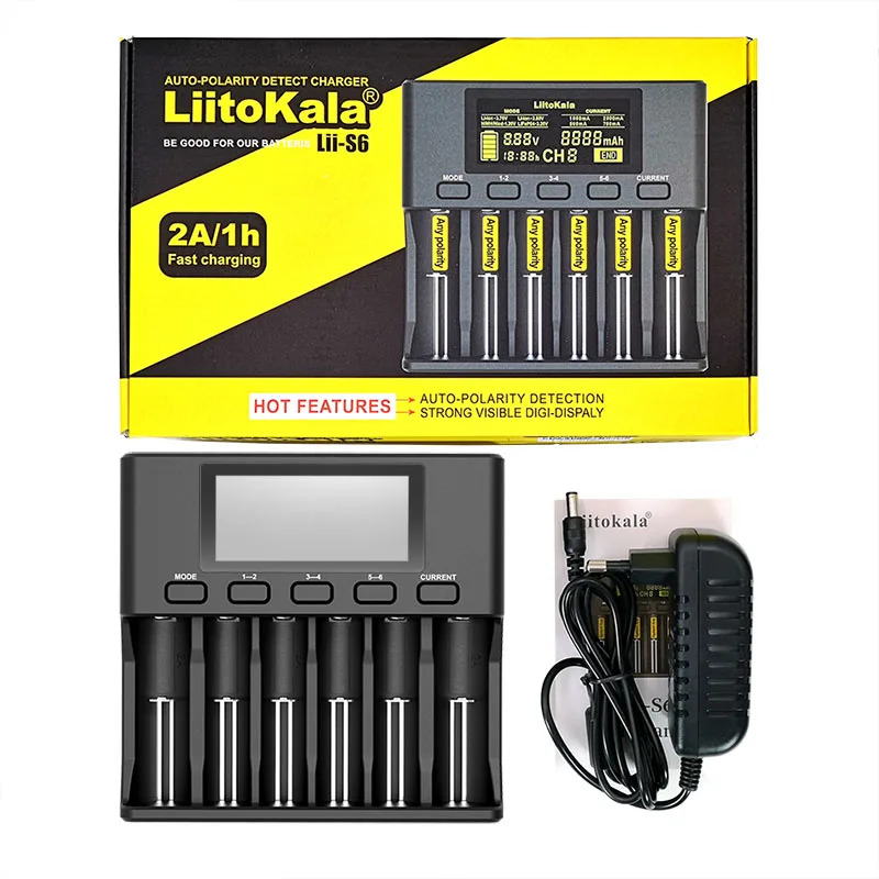 LiitoKala Lii-S6 Battery charger 18650 Charger 6-Slot Auto-Polarity Detect For 18650 26650 21700 32650 AA AAA batteries - Цвет: Lii-S6 and adaper