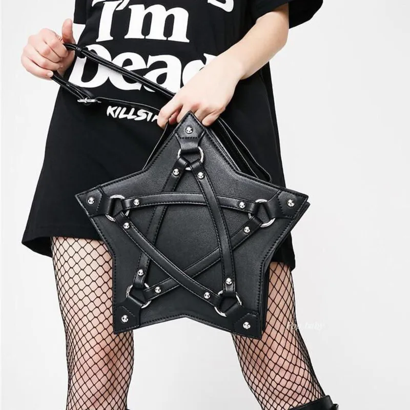 

JIEROTYX Dark Gothic Pentagram Shoulder Bag Unisex Punk Designer Casual Totes Women Fashion Retro Handbag Gifts Black Leather