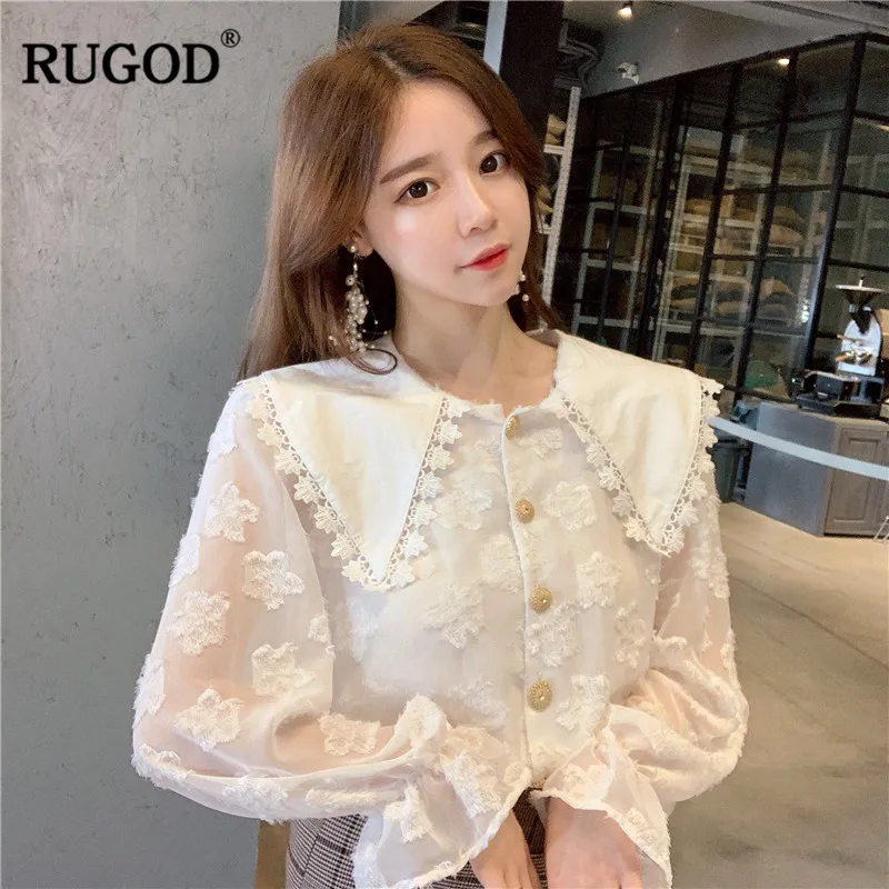 RUGOD Новая Элегантная кружевная блузка для женщин с длинным Расклешенным рукавом Питер Пэн рубашка воротником 2019 Весна повседневное сладкий
