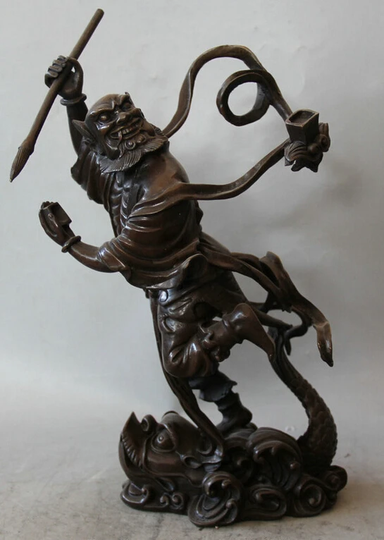 

song voge gem S1930 14" Chinese Bronze Fengshui immortal God Ghost Kui Xing Stand Dragon Fish Statue