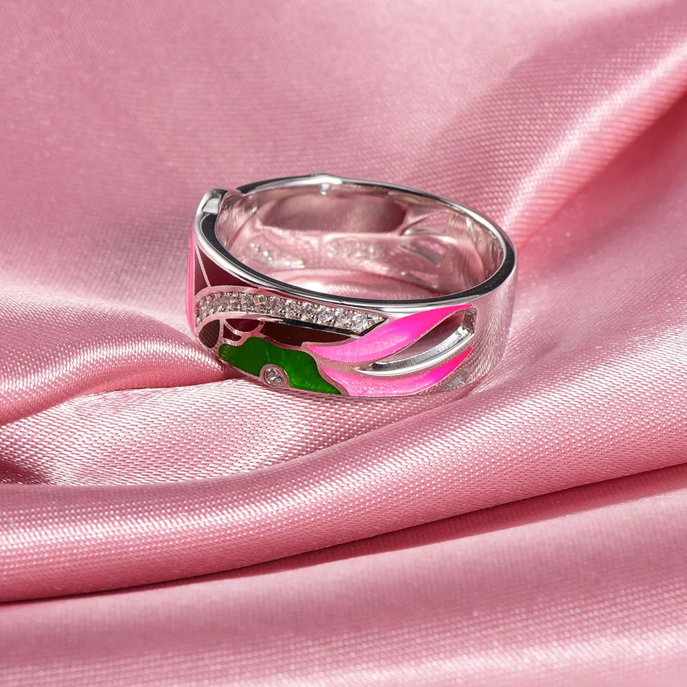 RainMarch богемное эмалированное Лотос серебряное кольцо в форме цветка для женщин 925 пробы Серебряное кольцо обручальные вечерние ювелирные изделия ручной работы