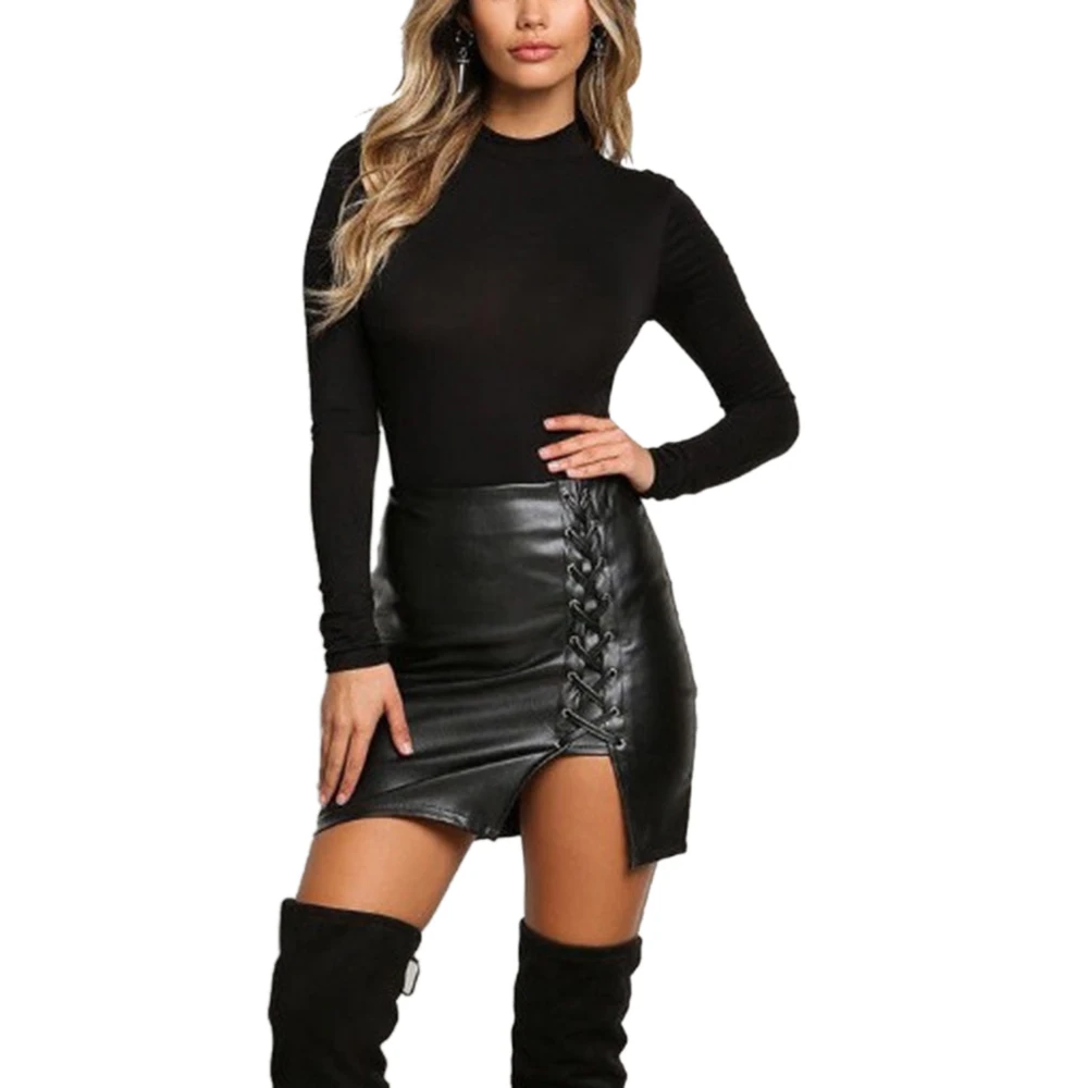 Женская пикантная кожаная юбка с разрезом на ремне высокая талия и бедра черные мини-юбки бандажная Повседневная Клубная одежда однотонная осенне-зимняя
