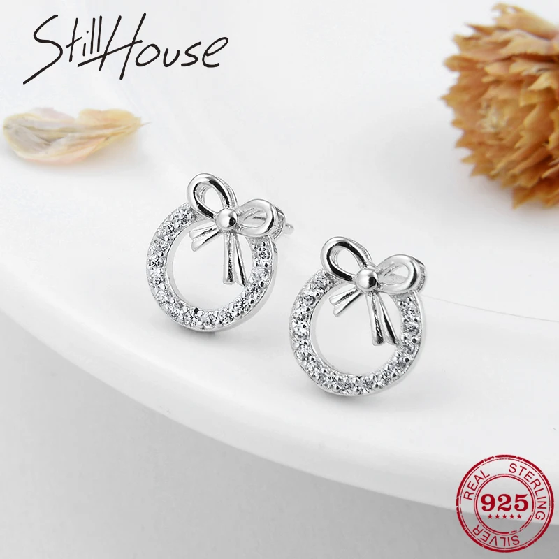 

Full of Christmas fun Sparkling Zircon Bow garland Stud Earring 925 Sterling Silver Women Jewelry Handmade Gift Fashion 2018