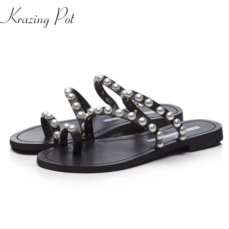 

Krazing pot cow leather fashion flip flop women gladitor pearl-studded sandals beach holiday slip on low heels summer mules L05