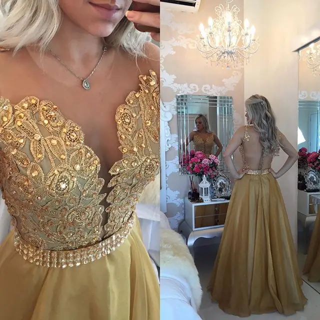 Rhinestone Sexy See Through Champagne Gold Prom Dress 2016 Vestidos Cortos De Gala Lace Chiffon Long Formal Occasion Gowns