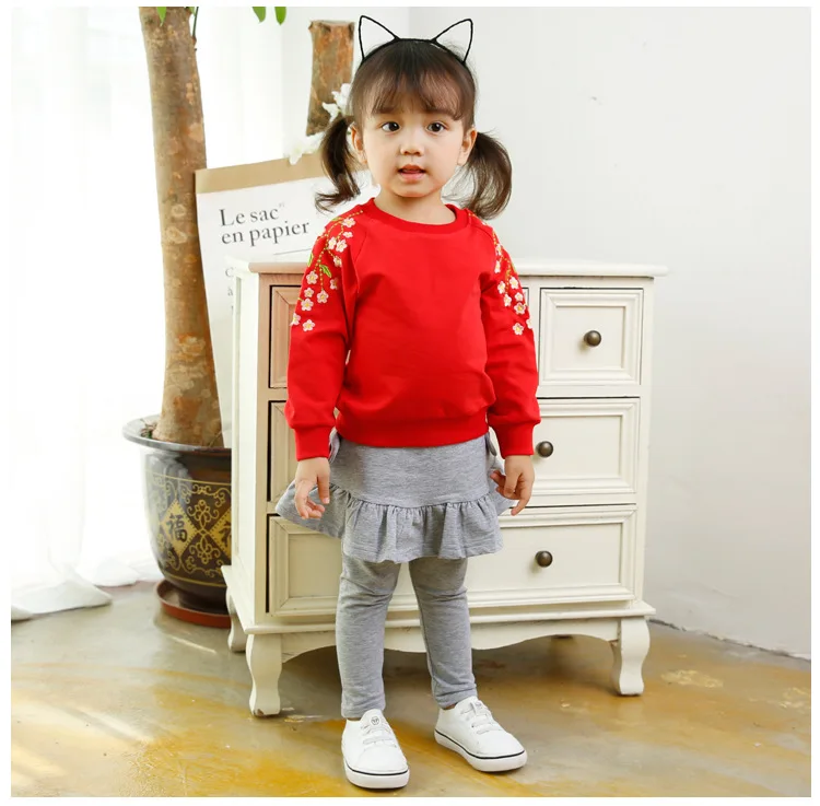 Детская одежда для девочек 2017 Новинка осени Вышивка Цветы с длинными рукавами