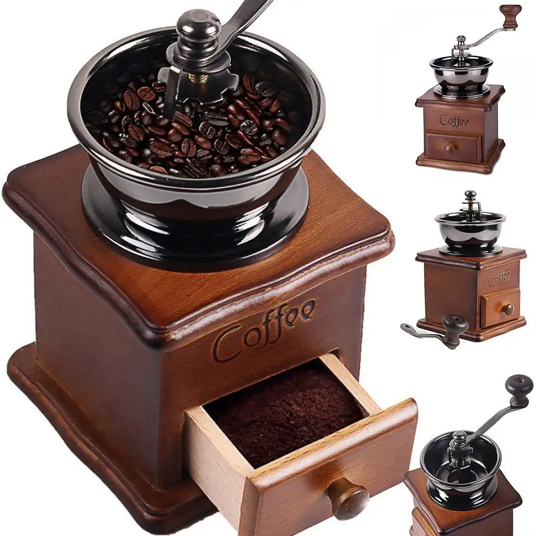 

Classical Wooden Manual Coffee Grinder Hand Stainless Steel Retro Coffee Spice Mini Burr Mill With Ceramic Millston Brown