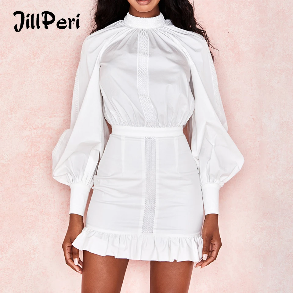 JillPeri/Белое Мини-платье с оборками и длинными рукавами для женщин; элегантная повседневная одежда; праздничная одежда с пышными рукавами;