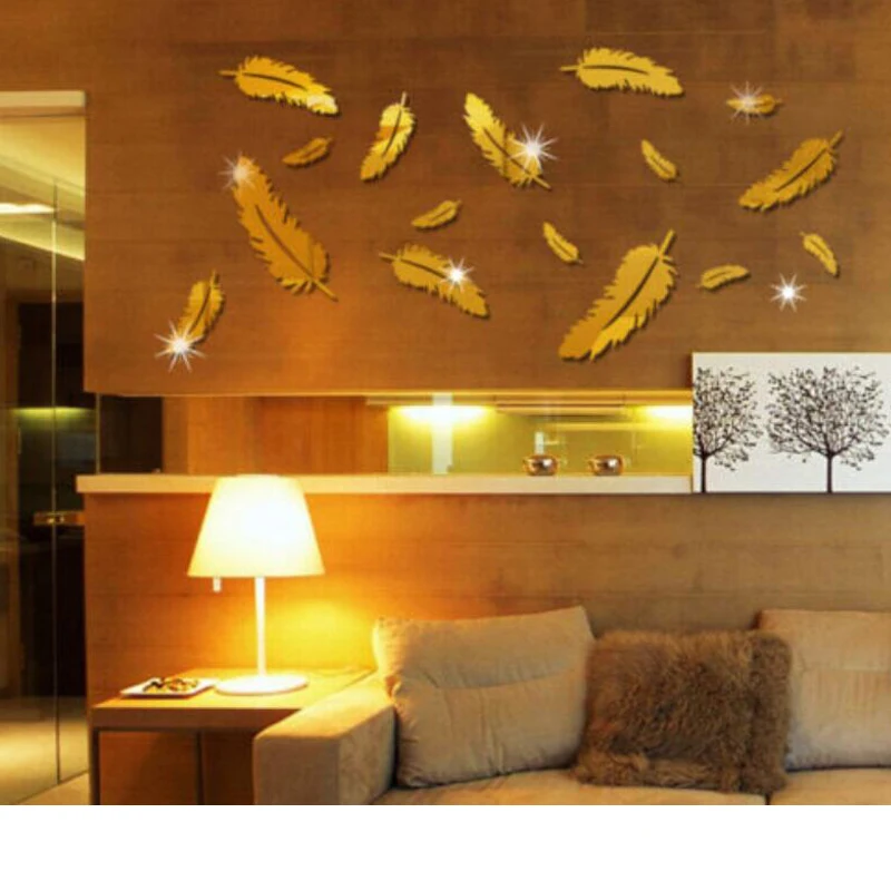 3D зеркало настенное Стикеры перо DIY искусство росписи дома номер Декор, акриловые наклейки - Цвет: Gold