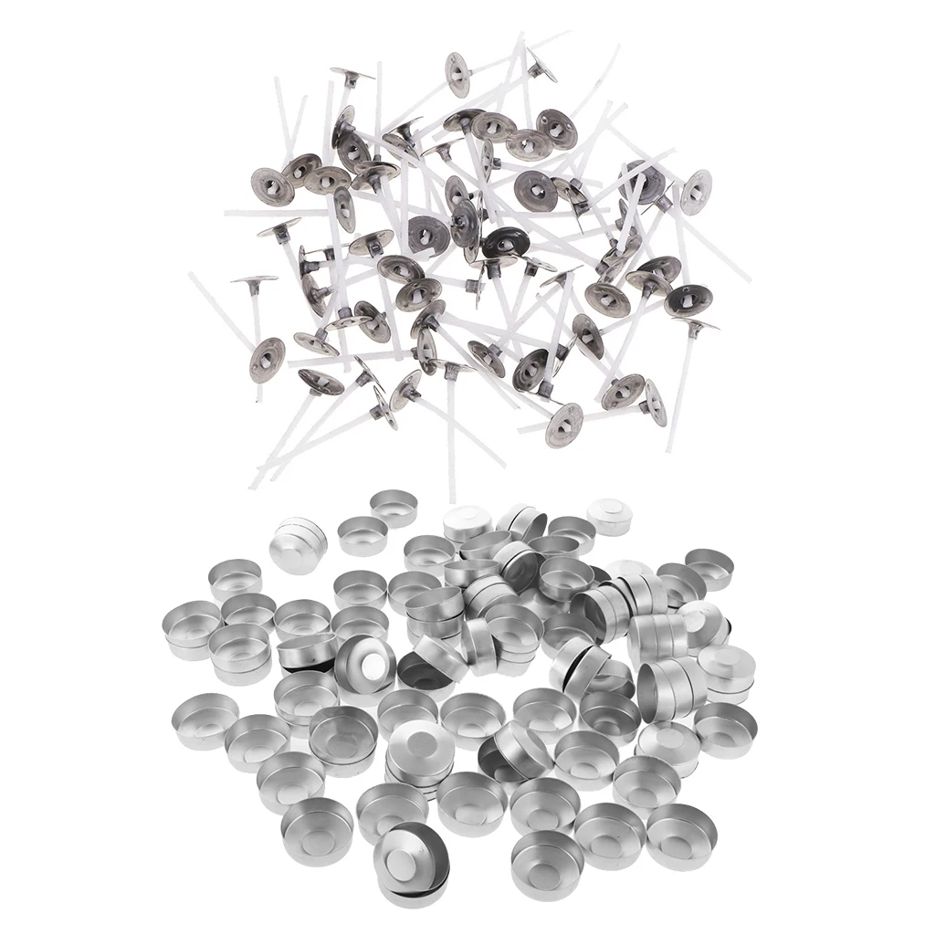 100 Pieces Turned Edge Empty Aluminum Case Tealight Cups Containers + 100 pieces wax wicks 