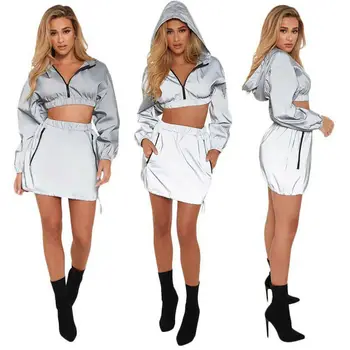 

Cool Reflective Women Zipper Hooded Tank Crop Top+ Elastic Mini Skirt 2Pcs Set Stretch Skirt Sport Casual Clothes