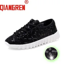 Qiangren Военная Униформа бренд Новое поступление Для женщин сезон: весна–лето черный, белый цвет Кружево Mesh Bling Туфли без каблуков повседневная обувь блестящие модная обувь