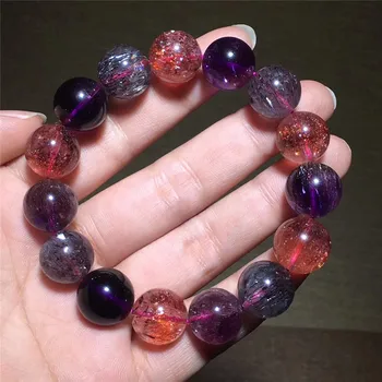 

14mm Natural Super 7 Melody Purple Hair Rutilated Quartz Bracelet Women Anniversary Love Gift Crystal Round Beads Charms Jewelry
