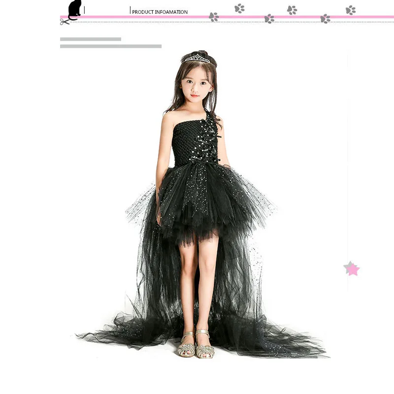 Таинственное черное детское платье Подиум со шлейфом платье-пачка девочки для праздника шоу подарок на день рождения вечерние фортепиано костюм формальный