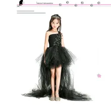 Таинственное черное детское платье Подиум со шлейфом платье-пачка девочки для праздника шоу подарок на день рождения вечерние фортепиано костюм формальный