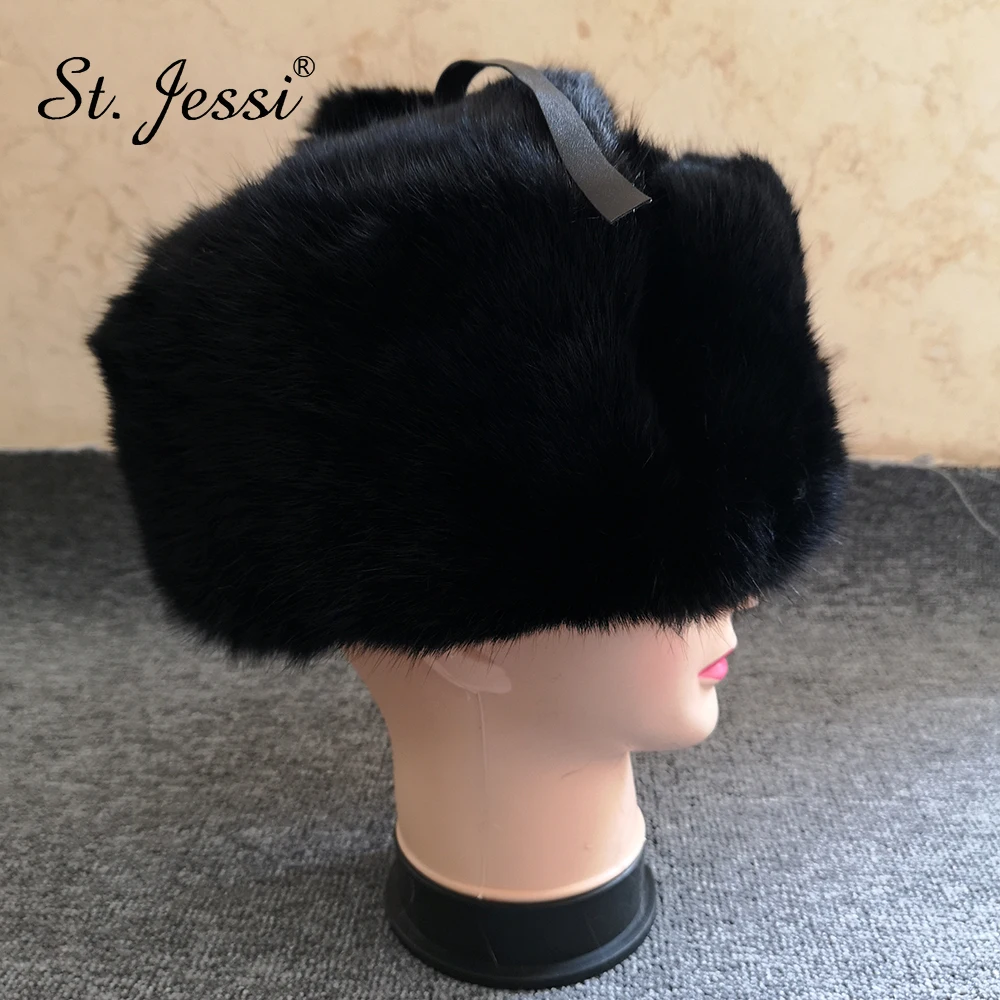 

ST. Jessi 2019 Fur Hat Cap For Unisex Natural Rabbit Fur Russian Ushanka Bomber Hats Winter Thick Warm 4 sizes Gorra Cap