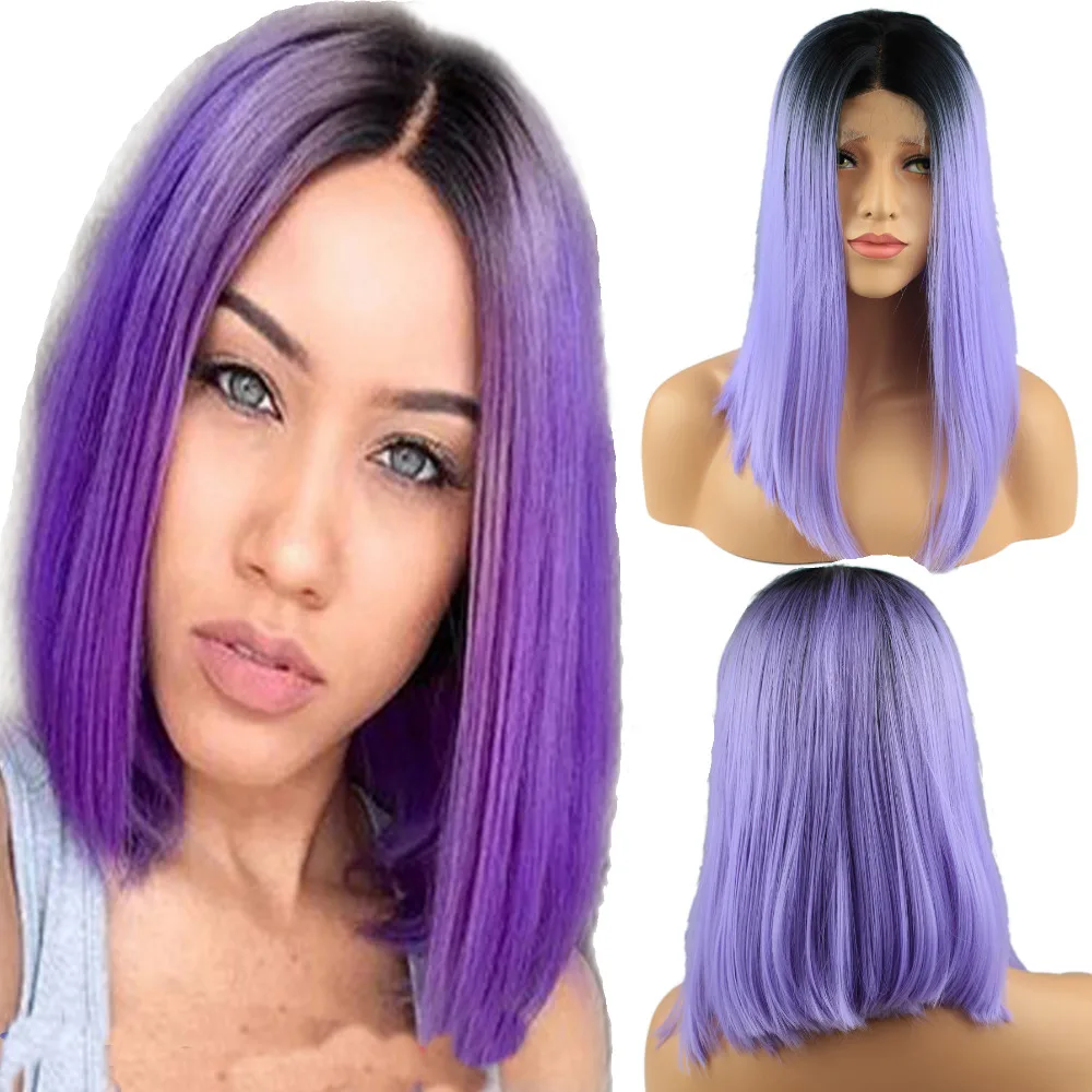 

Dreambeauty Short Straight Black Root Purple Ombre Synthetic Lace Front Wig Cheap High Quality Wig for Black Women Free Shipping
