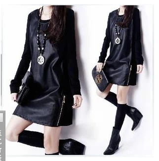 New Autumn Wear Women Clothing Han Edition Cultivate one's Morality Big Code Splicing Pu Leather long-sleeved Dress