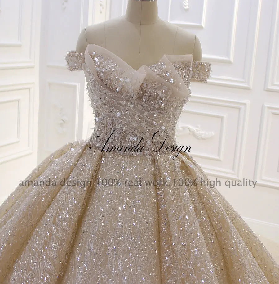 Аманда дизайн высокое качество с открытыми плечами Плиссированное шампанское блестящее роскошное свадебное платье