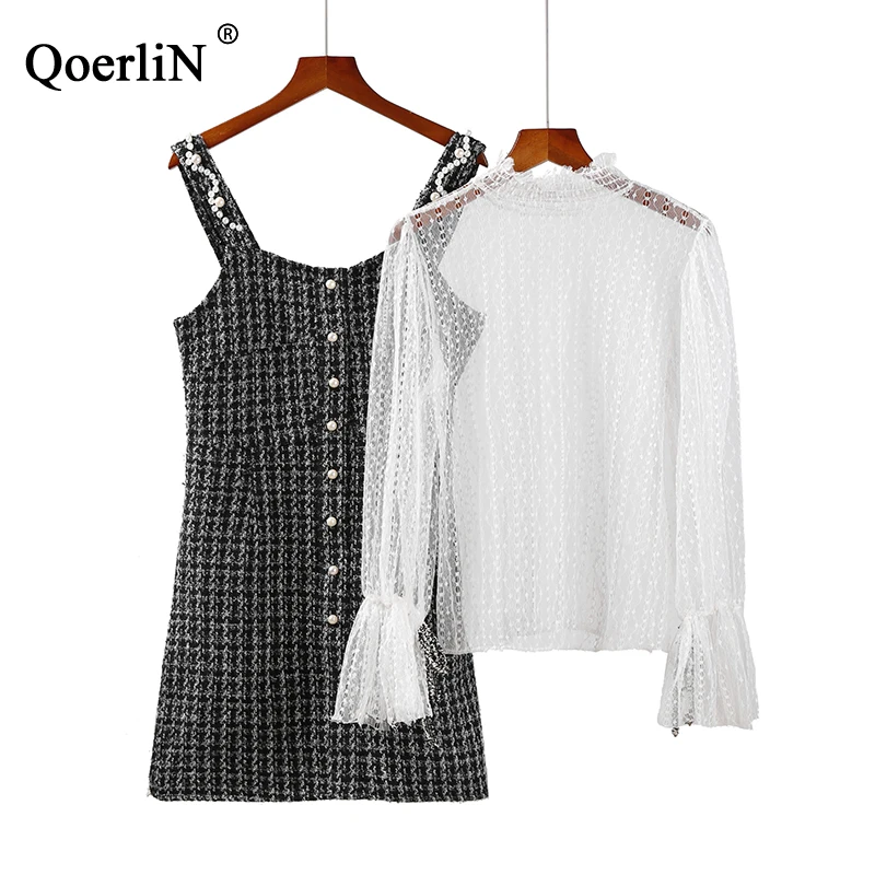 

QoerliN Two Piece Set Women Long Sleeve Suit Set Tweed Sundress Female Sexy Transparent Blouse Long Sleeve Suit Female Plus Size