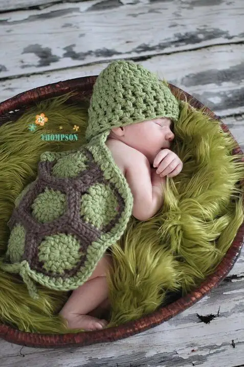 Новая ручная вязка крючком Детская вязаная фотография Реквизит новорожденный черепаха Детская шляпа и крышка набор