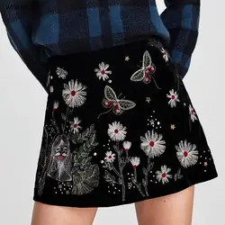 Wishbop Новый 2018 Весна женщина черный бархат мини-юбка с цветами Девушка Вышивка сбоку молния онлайн модные короткие Юбки для женщин