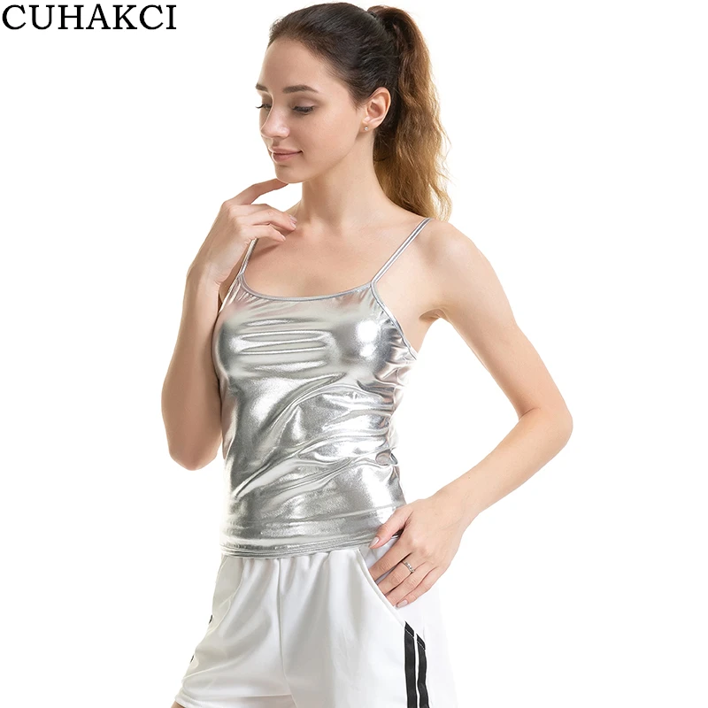 

CUHAKCI Women Camis Leather Tops Summer Club Tanks Tops Ladies Tees Silver Slim Streetwear Vest Hot Camisole Straps PU Crop Tops