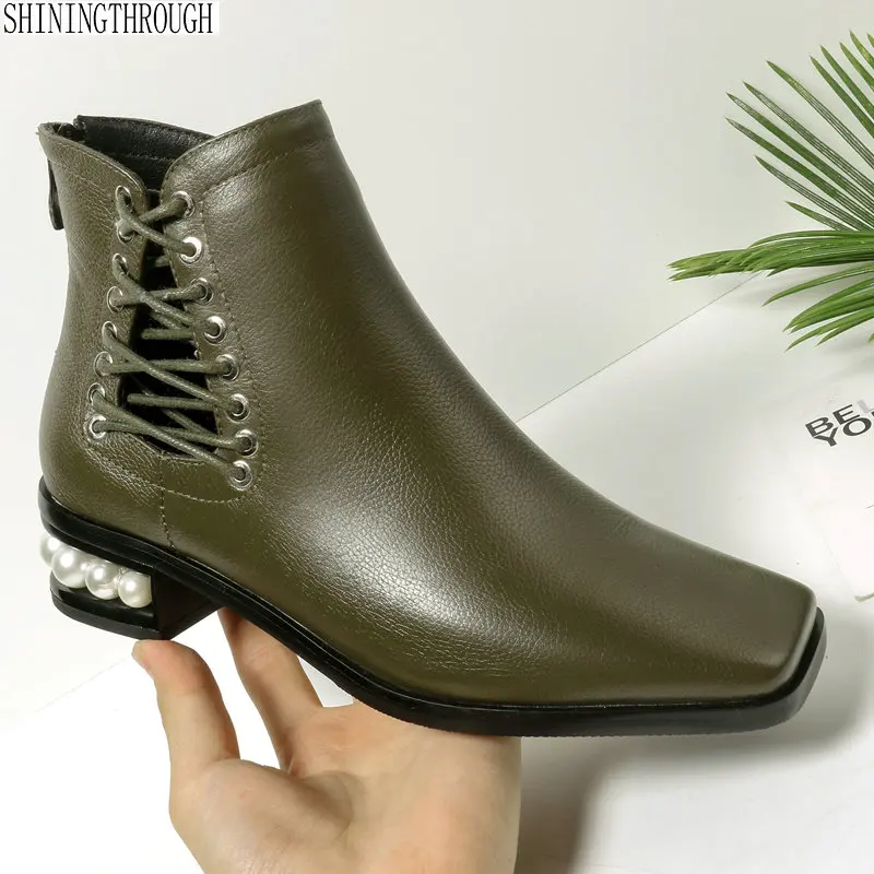 

Women Boots 100% cow leather pear decoration low Heels ankle boots woman spring autumn party dress shoes woman size 41 42 43