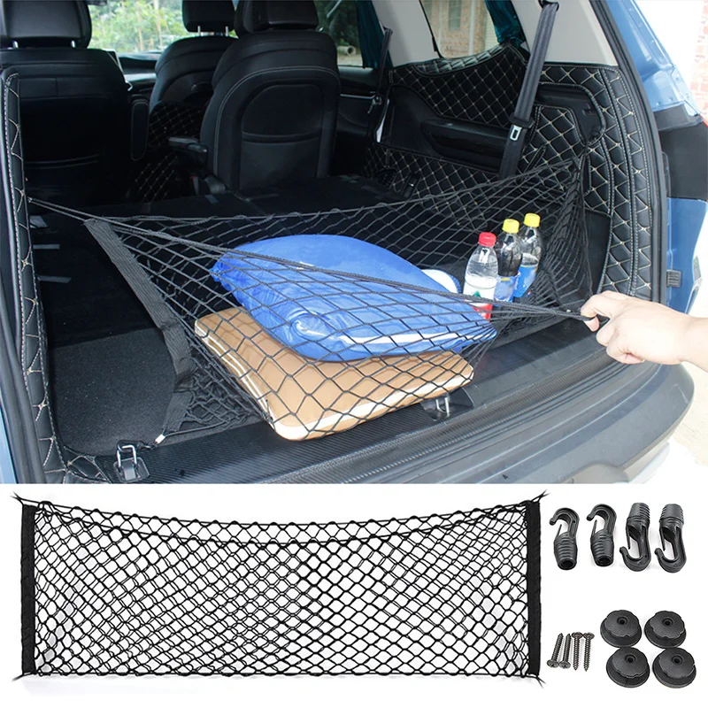 

110x50CM Car Trunk Rear Storage Cargo Luggage Nylon Elastic Net Holder With 4 Plastic Hooks Pocket For Car Van Pickup SUV MPV